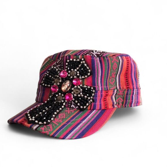 Y2K Boho Kitschy Gypsy Hippie Aztec Western Beaded cross cadet military cap hat main image 6